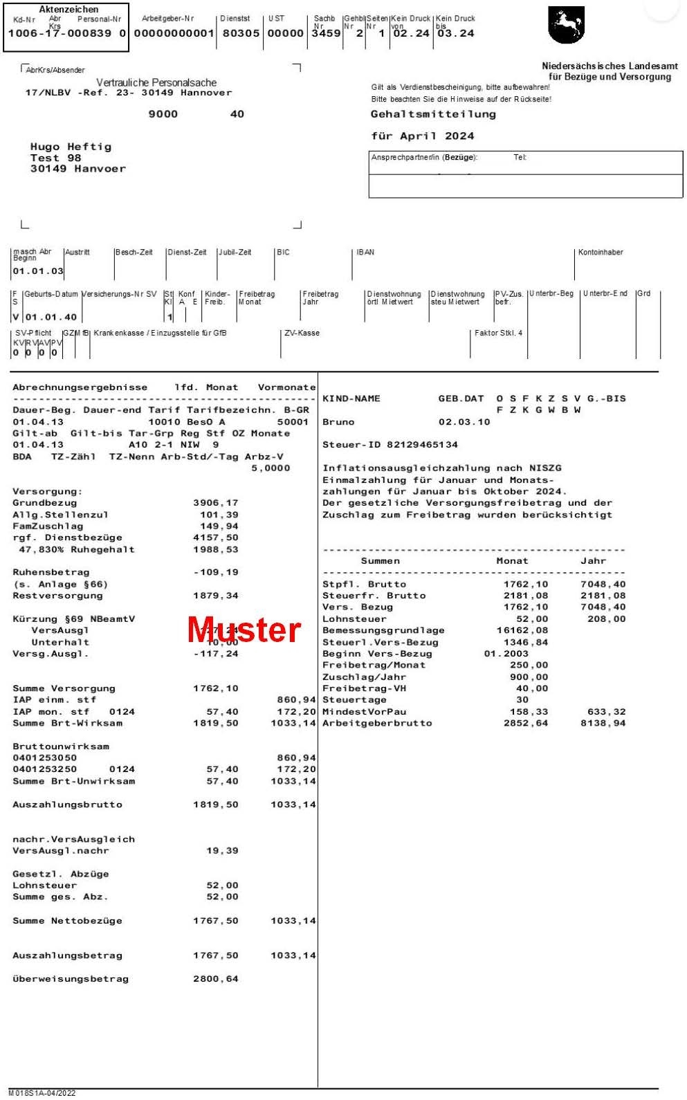 Muster einer Gehaltsmitteilung für ...